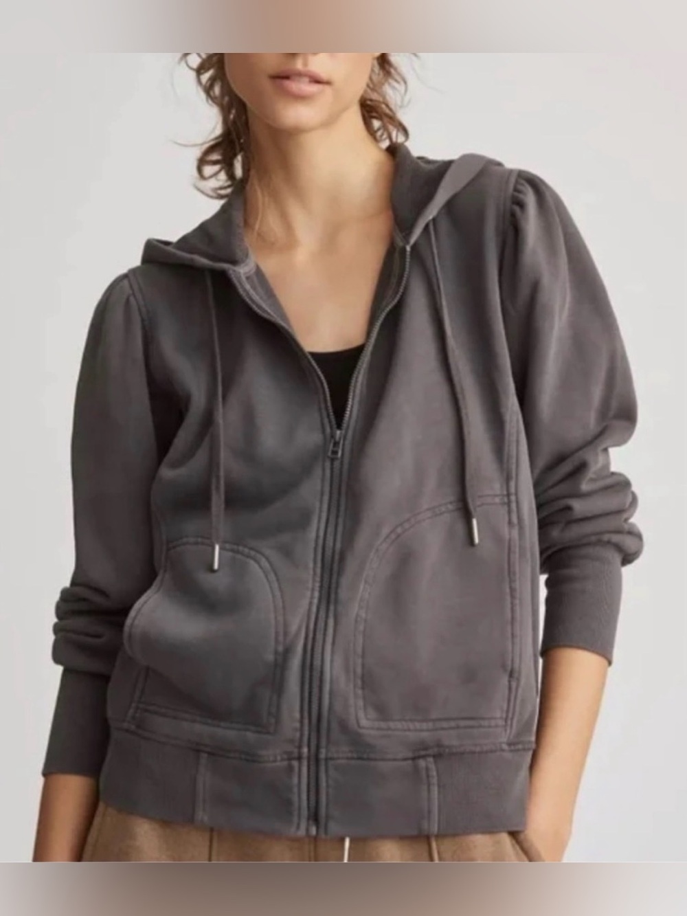 Daily Practice Anthropologie Abstract Grey Zip Hoodie with Puff Sleeves K